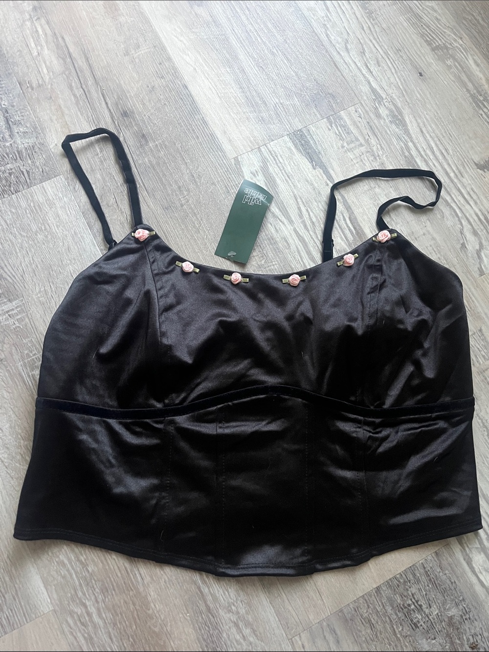 wild fable Black Satin Cami with Pink Rose Accent